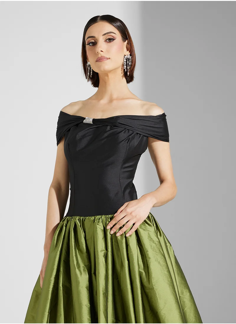 Namshi x Two Toned Off Shoulder Dress With Embellished Knot