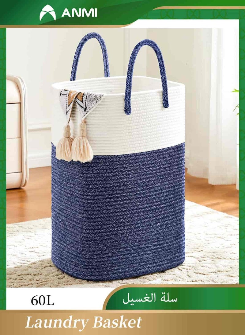 أنمي سلة غسيل، سلة غسيل منسوجة بحبل قطني، سلة غسيل قطنية منسوجة، 60 لتر تخزين متعدد الاستخدامات للملابس المتسخة وألعاب الأطفال والبطانيات في الحمام والحضانة وغرفة المعيشة - Image 1