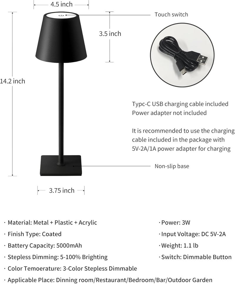 KDG 2 Pack Cordless Table Lamp, Portable LED Desk Lamps, 5000mAh Battery Operated, 3 Color Stepless Dimming Up, for Restaurant, Bedroom, Outdoor Camping, Coffee Shop, Night Light, Rechargeable (Black) - Image 5
