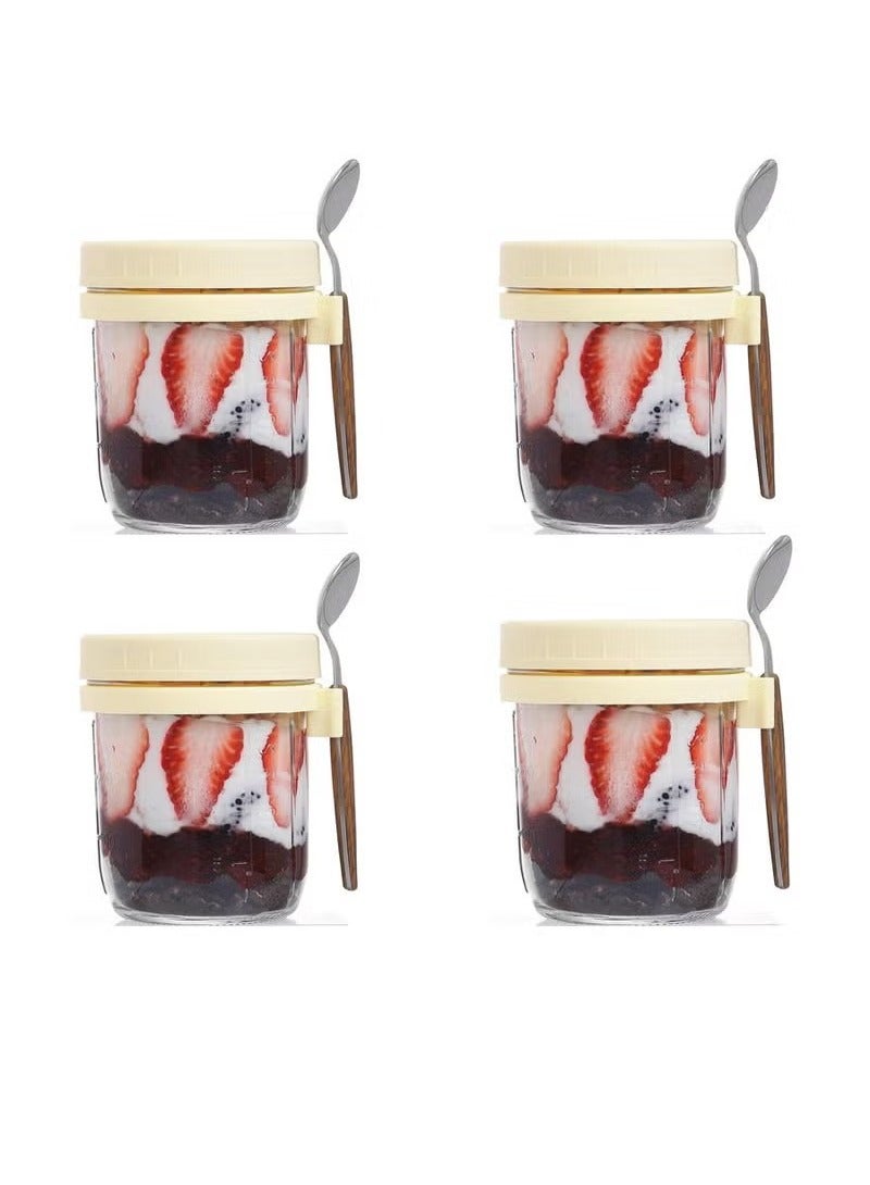 آنا طقم زجاجي من 4 قطع مع غطاء وملعقة، أكواب محكمة الإغلاق للوجبات الخفيفة، مناسبة للإفطار، مثالية للشوفان والحليب والسلطات والزبادي. - Image 1