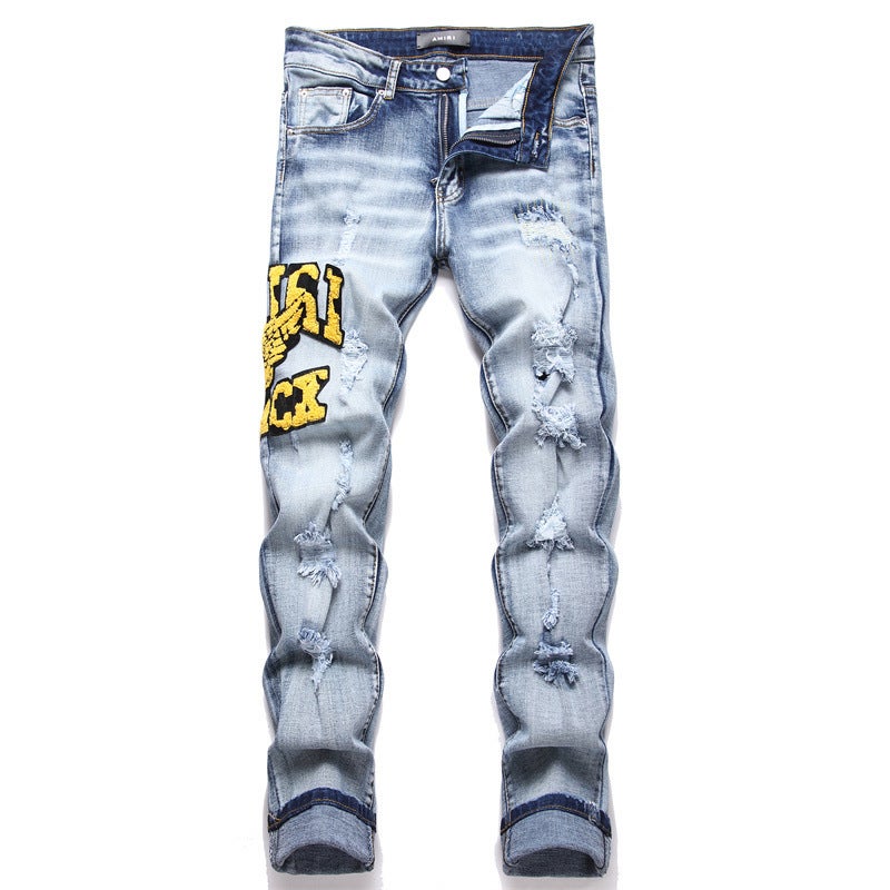 New Washed Blue Ripped Patched Embroidered Mens Denim blue 
