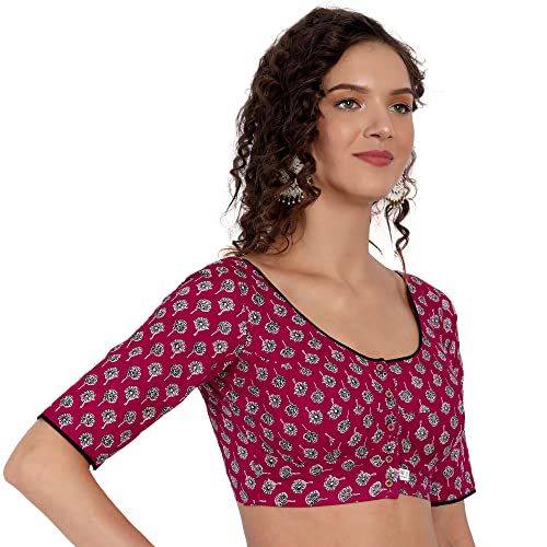 JISB Women's Printed Cotton Half Sleeve Saree Blouse (36, Red) - Image 2