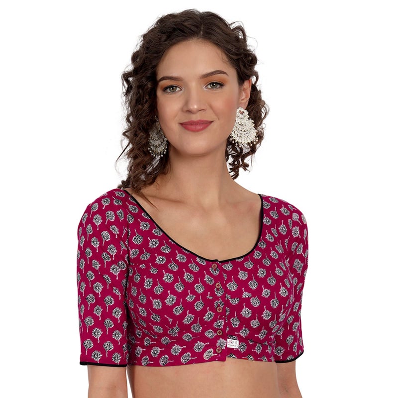 JISB Women's Printed Cotton Half Sleeve Saree Blouse (36, Red) - Image 5