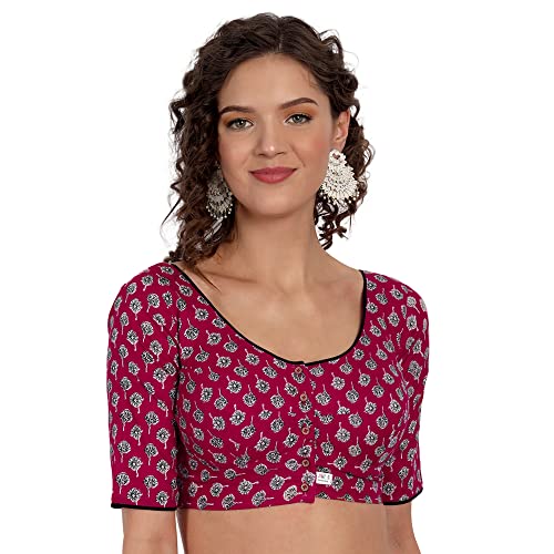 JISB Women's Printed Cotton Half Sleeve Saree Blouse (36, Red) - Image 1