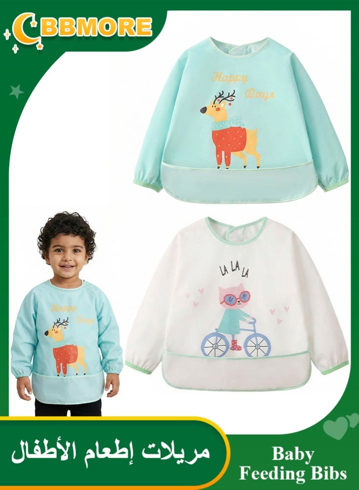 BBMORE 2Packs Baby Feeding Bibs with Sleeves and Catch-all Pocket, Waterproof Baby Long Sleeve Bibs Adjustable Fit for Ages 6-36 Months (Green) - Image 1