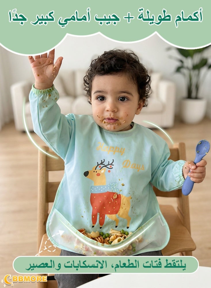 BBMORE 2Packs Baby Feeding Bibs with Sleeves and Catch-all Pocket, Waterproof Baby Long Sleeve Bibs Adjustable Fit for Ages 6-36 Months (Green) - Image 2