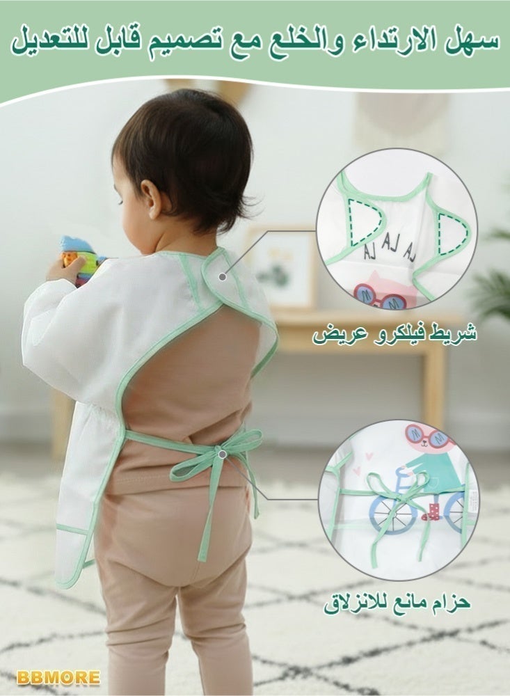 بي بي مور طقم مريلتين لإطعام الأطفال بأكمام طويلة مع جيب أمامي شامل، مريلات أطفال طويلة الأكمام مقاومة للماء، مقاس قابل للتعديل، مناسبة للأعمار من 6 إلى 36 شهرًا (أخضر) - Image 4