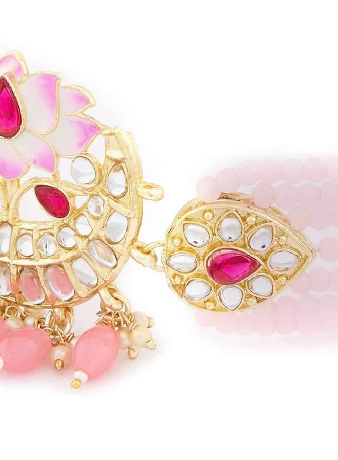erorex Pink Meenakari Lotus Design Multistrand Beaded Choker Necklace Earring And Ring Set For Women Zpfk13806  - Image 5