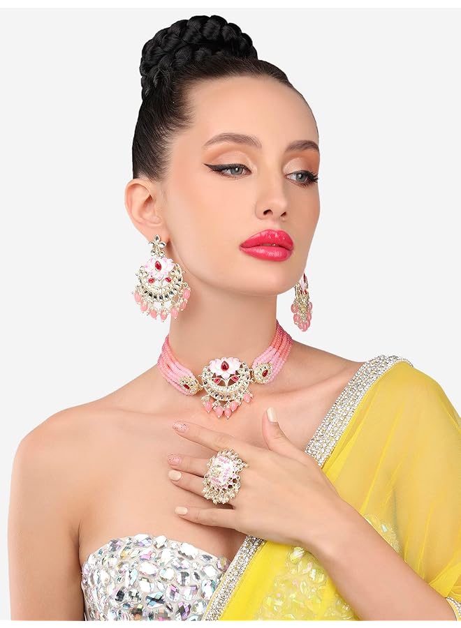 erorex Pink Meenakari Lotus Design Multistrand Beaded Choker Necklace Earring And Ring Set For Women Zpfk13806  - Image 2