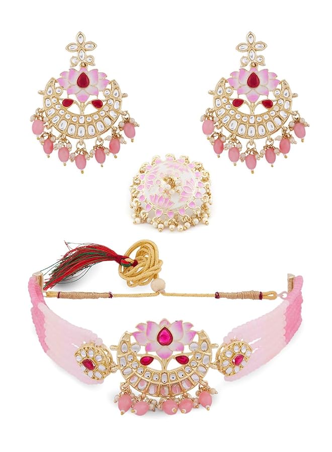 erorex Pink Meenakari Lotus Design Multistrand Beaded Choker Necklace Earring And Ring Set For Women Zpfk13806  - Image 1