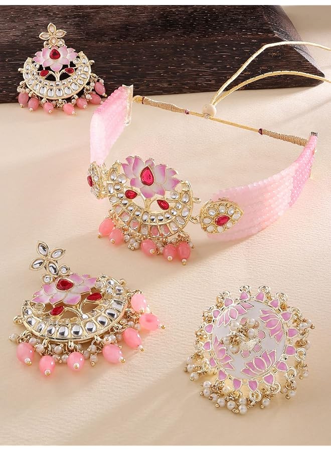 erorex Pink Meenakari Lotus Design Multistrand Beaded Choker Necklace Earring And Ring Set For Women Zpfk13806  - Image 3