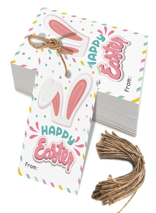 Aukolass Happy Easter Bunny Gift Tags, 50 Pcs Easter Rabbit Hanging Gift Tags Labels with String for Easter Party Decoration (HAPPY EASTER) - Image 1