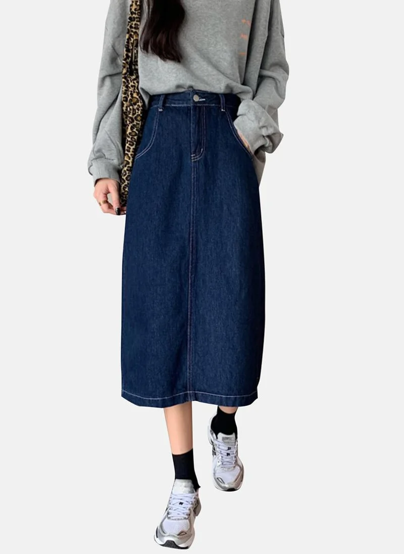 يونيكي Blue Solid Denim Midi Skirt