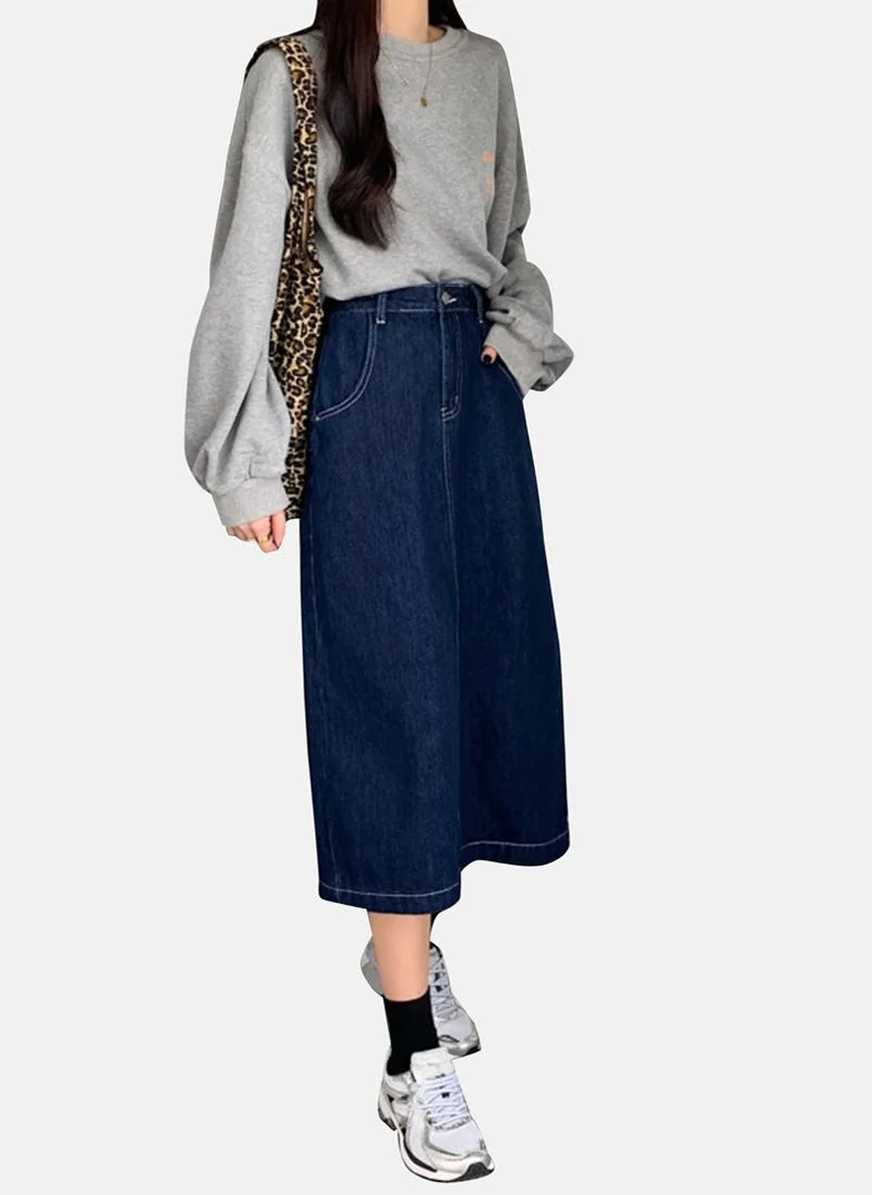 يونيكي Blue Solid Denim Midi Skirt