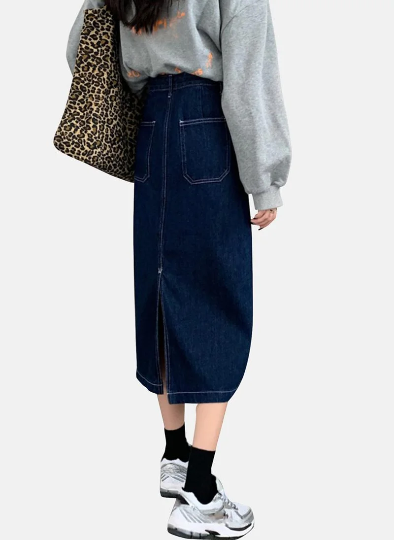 يونيكي Blue Solid Denim Midi Skirt