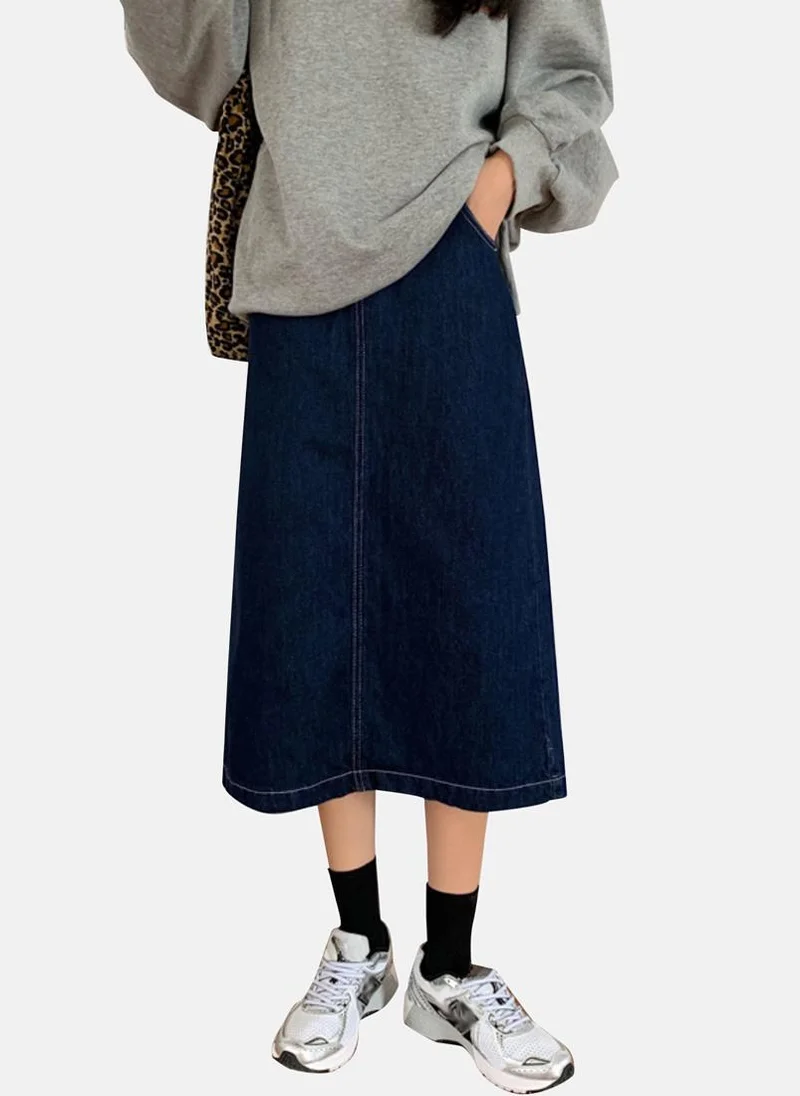 يونيكي Blue Solid Denim Midi Skirt