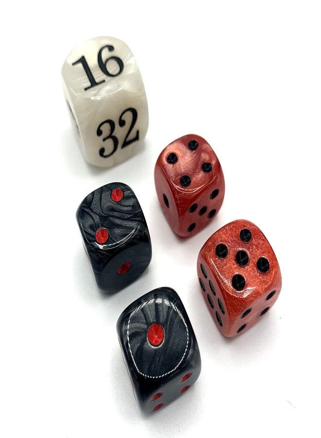 Luck Lab Backgammon Pearl Dice Set - 22 mm Doubling Cube Plus Four 16 mm Dice with Storage Bag, Red/White Marbelized - Image 1