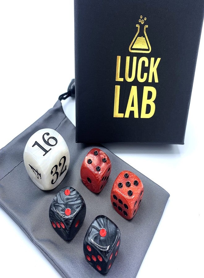 Luck Lab Backgammon Pearl Dice Set - 22 mm Doubling Cube Plus Four 16 mm Dice with Storage Bag, Red/White Marbelized - Image 5