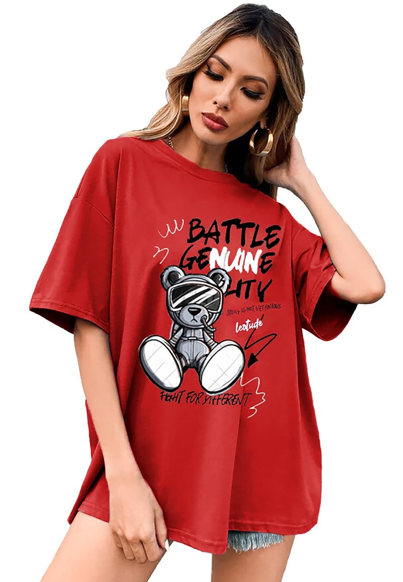 LEOTUDE Cotton Blend Printed Half Sleeve Oversized T-Shirts for Women (Color: Red, Size: XXXL) - Image 1