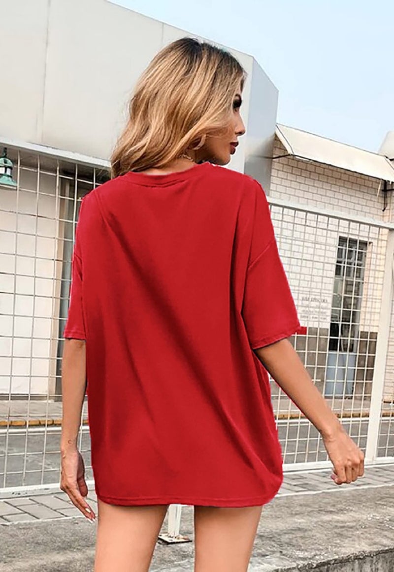 LEOTUDE Cotton Blend Printed Half Sleeve Oversized T-Shirts for Women (Color: Red, Size: XXXL) - Image 2