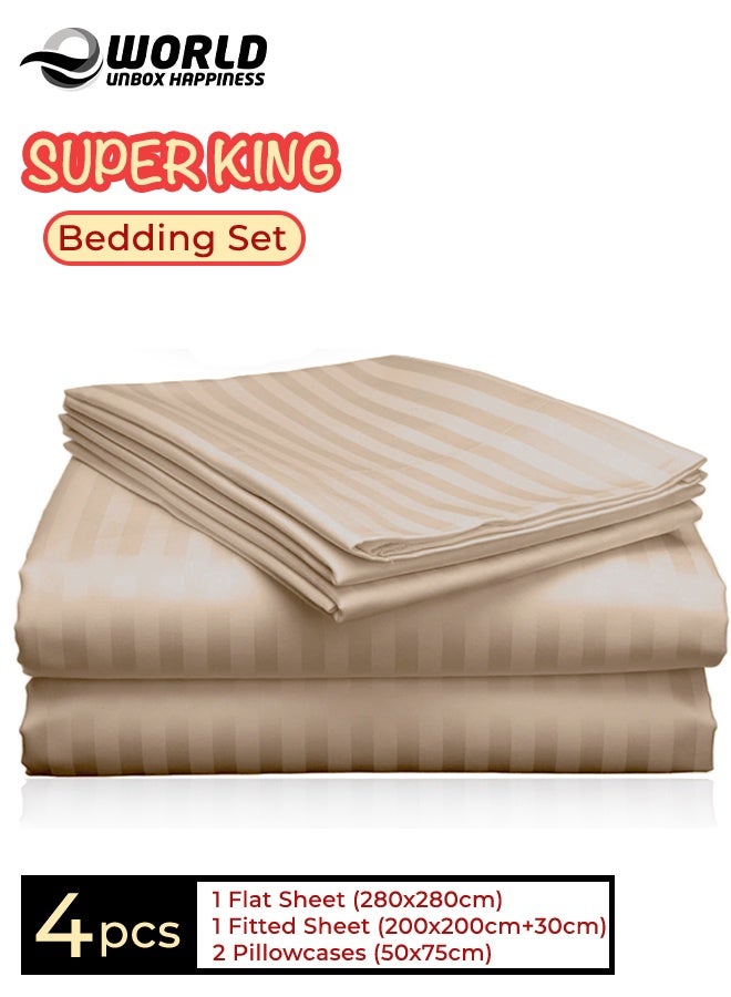 Eworld 4-Piece Luxury Super King Cream Striped Bedding Set (Flat Sheet 280×280 cm, Fitted Sheet 200×200+30 cm, 2 Pillowcases 50×75 cm) – Premium Microfiber, Hotel-Style Comfort - Image 1
