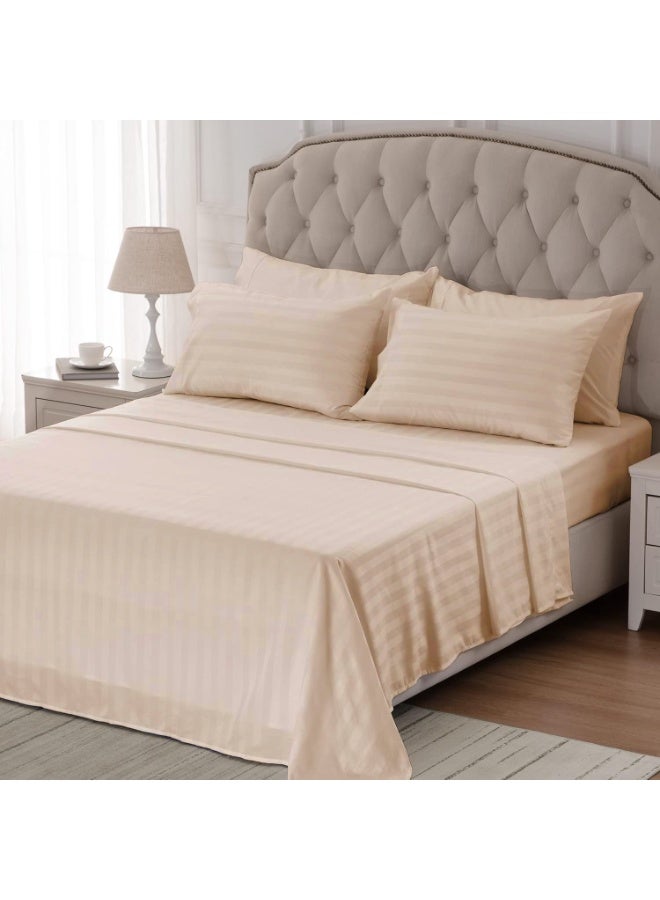 Eworld 4-Piece Luxury Super King Cream Striped Bedding Set (Flat Sheet 280×280 cm, Fitted Sheet 200×200+30 cm, 2 Pillowcases 50×75 cm) – Premium Microfiber, Hotel-Style Comfort - Image 2