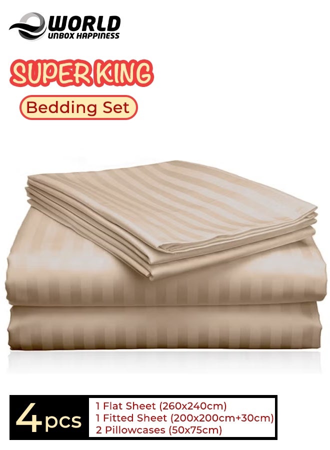 Eworld 4-Piece Luxury Super King Cream Striped Bedding Set (Flat Sheet 260×240 cm, Fitted Sheet 200×200+30 cm, 2 Pillowcases 50×75 cm) – Premium Microfiber, Hotel-Style Comfort - Image 1