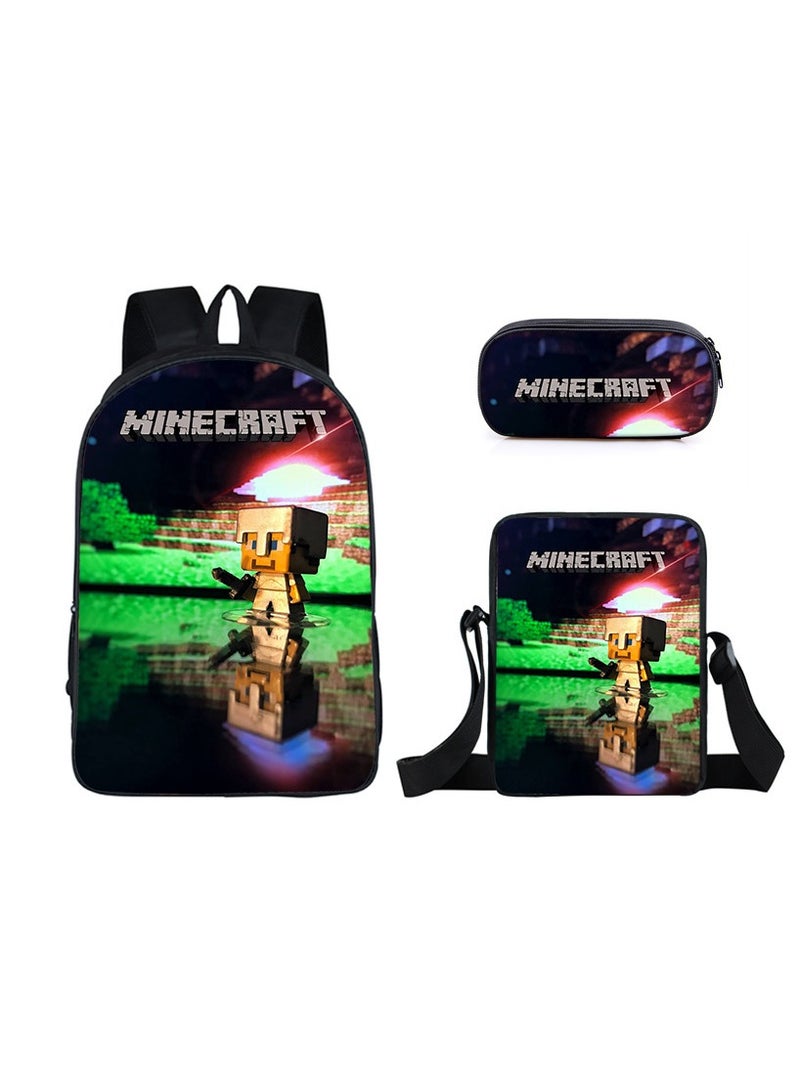 ماين كرافت طقم مدرسي مطبوع من ماينكرافت مكوّن من ثلاث قطع: حقيبة ظهر وشنطة يد وعلبة أقلام، تصميم عملي يلبي بسهولة احتياجات التحميل أثناء السفر. - Image 1