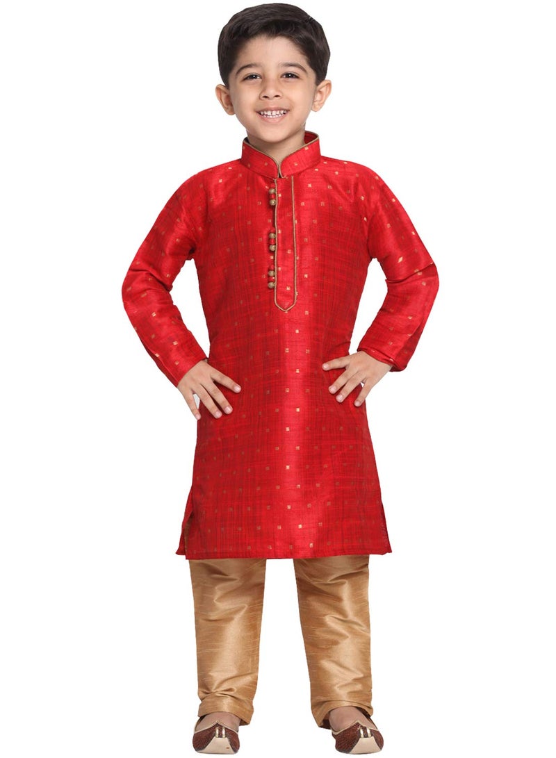 JBN Creation Boys' Traditional Maroon & Rose Gold Silk Blend Kurta Pyjama Set for Weddings & Festivals_VASBK023MAnPRG_28 - Image 1