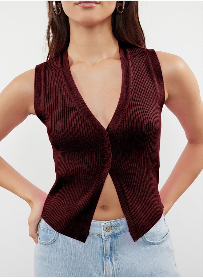 trendyol - Claret Red Crop Premium/ Special Yarn Top Vest TWOSS24BZ00258 - Image 1