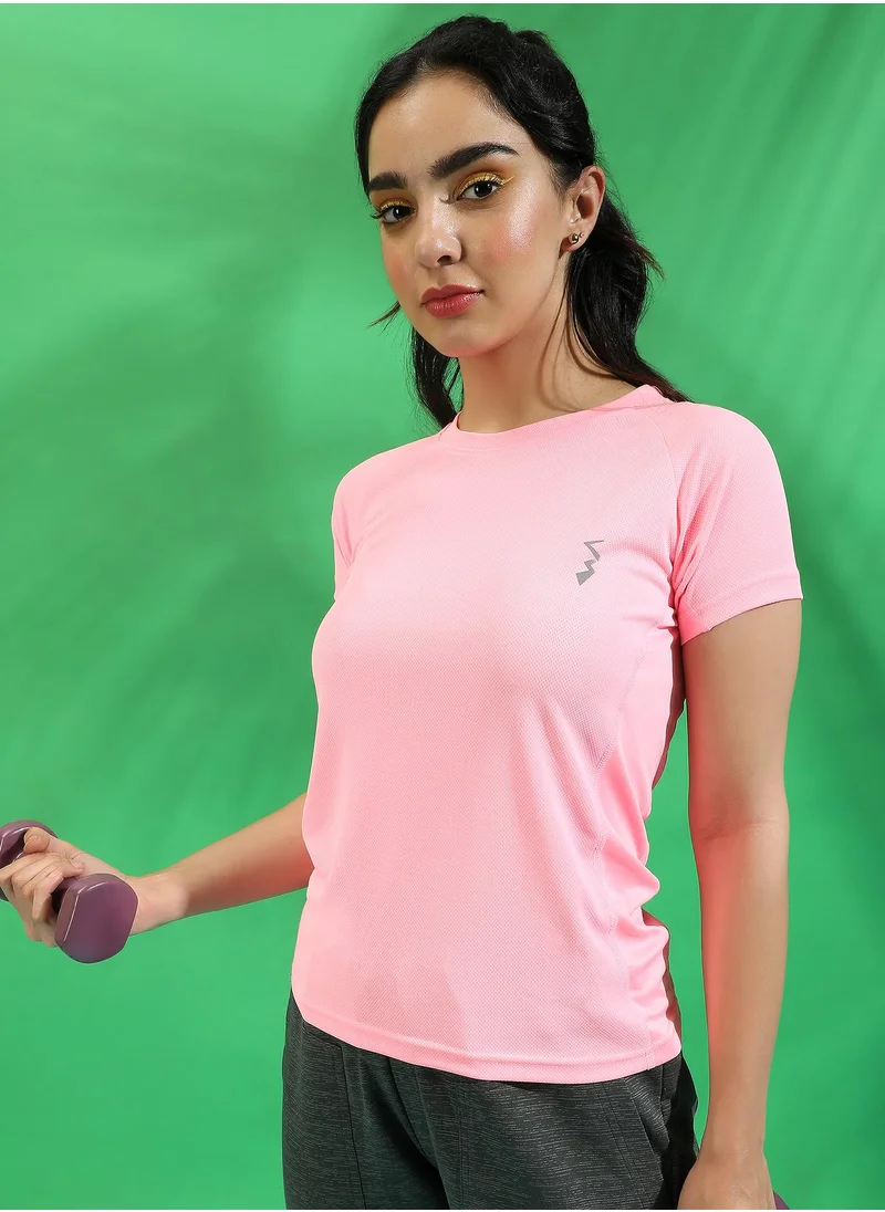 Campus Sutra Campus Sutra Women's Solid Baby Pink Activewear T-Shirt