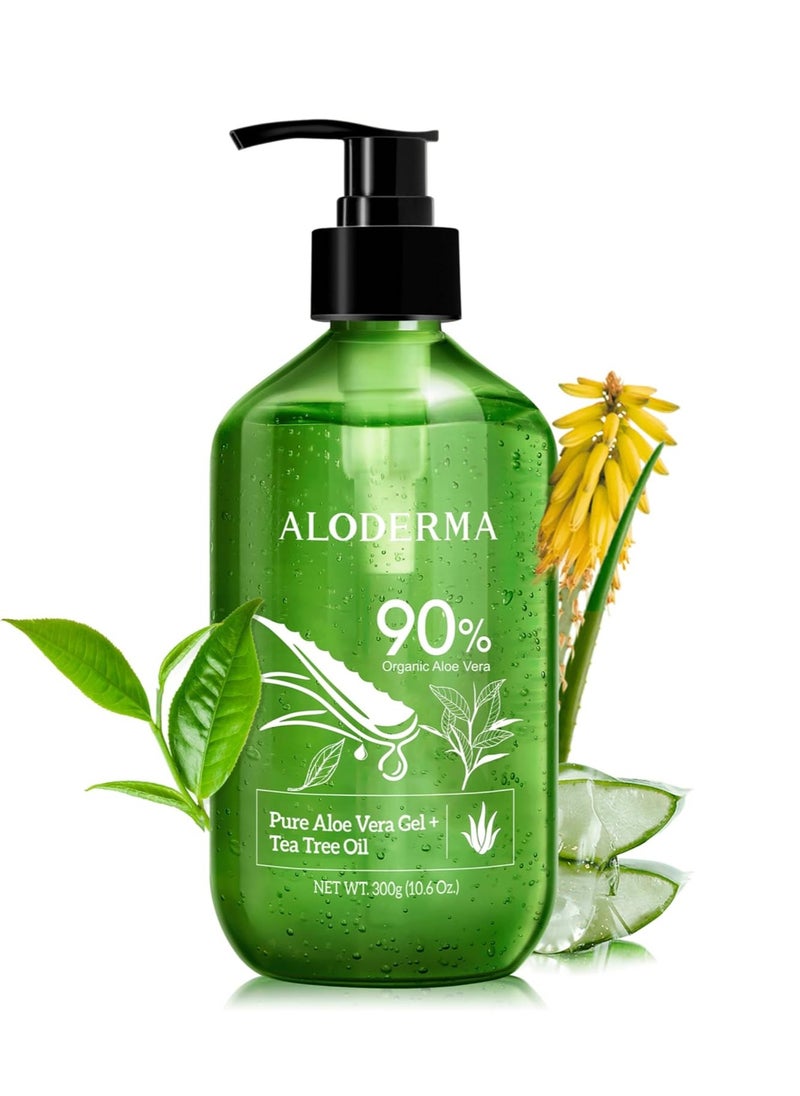 Aloderma Aloderma Organic Aloe Vera Gel for Skin + Tea Tree Oil, Made within 12 Hours of Harvest, Soothing Pure Aloe Vera Gel for Face, Works Great for Oily Skin, Dry Scalp, Aftershave, Natural Aloe - 10.6 Oz  - Image 1