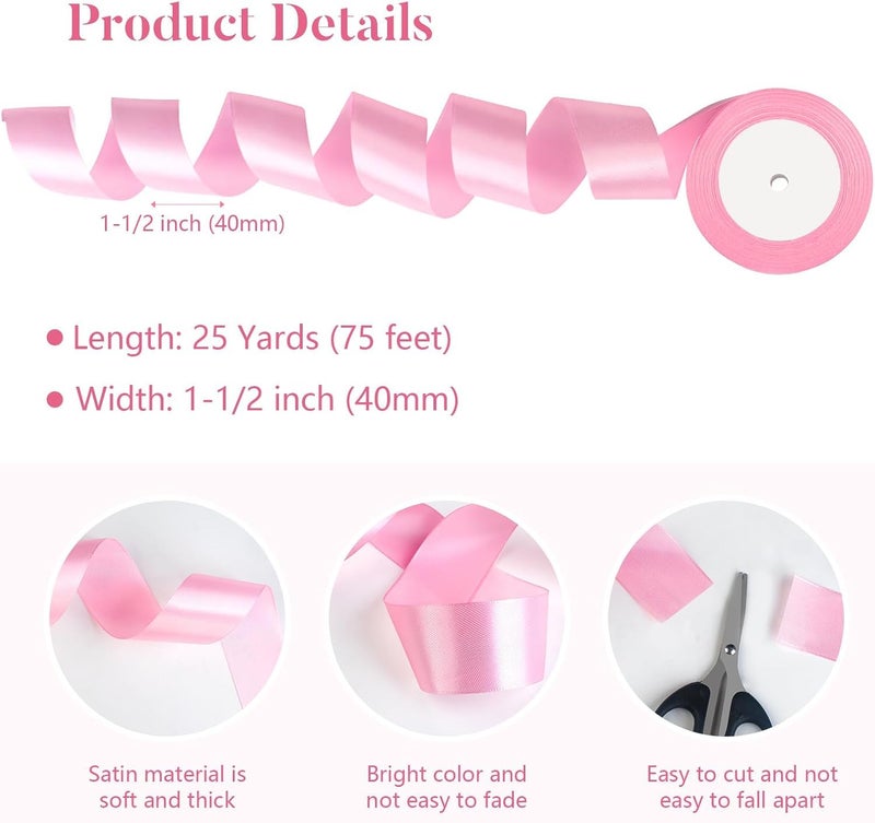 SUTOUG Pink Satin Ribbon 1-1/2 Inch x 2 Rolls Pink Wide Satin Fabric Ribbon for Gift Packaging, Christmas, Wedding, Flower Bouquet, Holiday Party, Invitation - Image 3