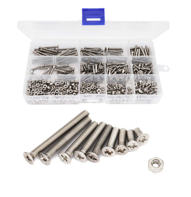 binifiMux 500pcs M3 Phillips Countersunk Flat Head Machine Screws Hex Nuts Assortment Kit 304 Stainless Steel M3 x 6mm 8mm 10mm 12mm 16mm 18mm 20mm 25mm 30mm