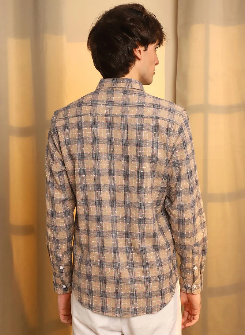 Campus Sutra Men's Saltbox Beige Heathered-Buffalo Check Shirt