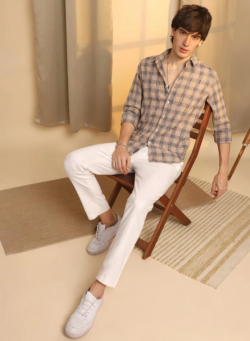 Campus Sutra Men's Saltbox Beige Heathered-Buffalo Check Shirt