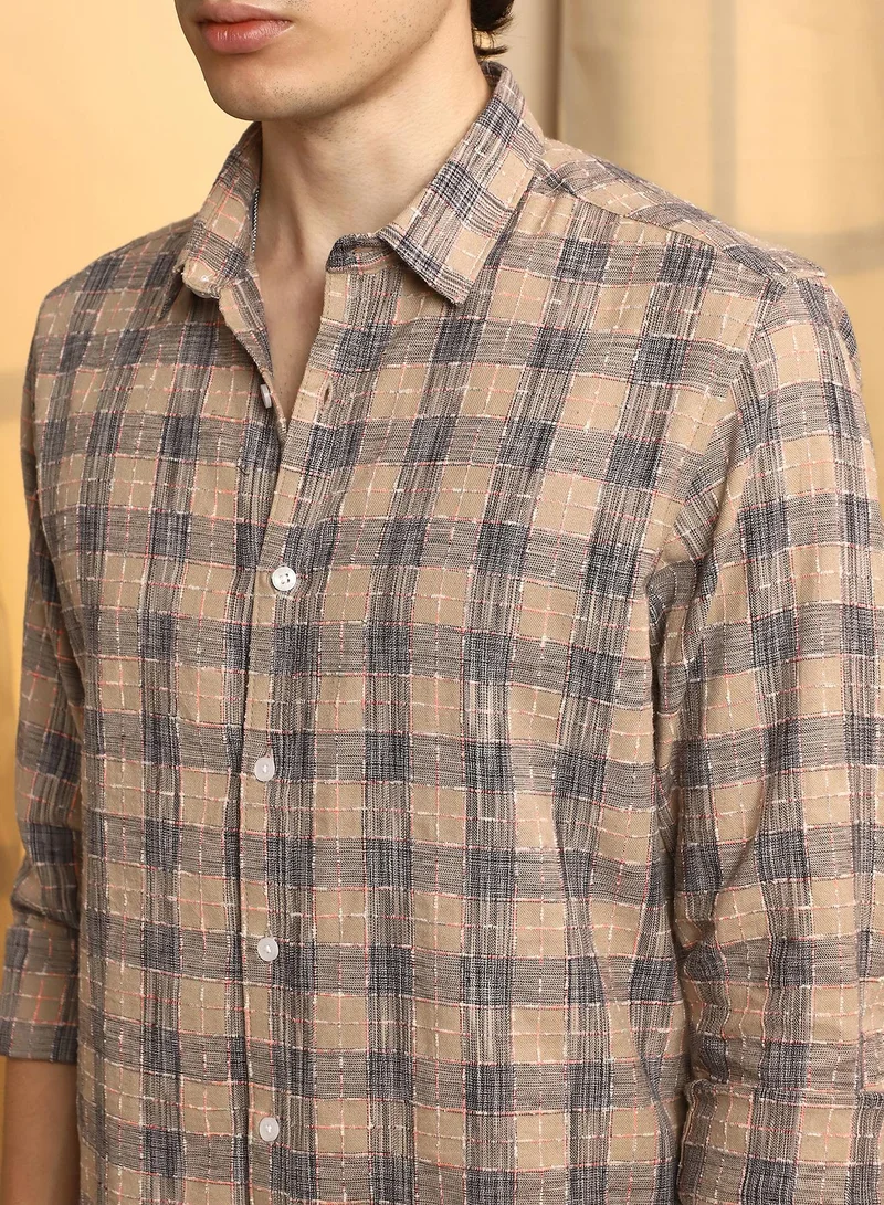Campus Sutra Men's Saltbox Beige Heathered-Buffalo Check Shirt
