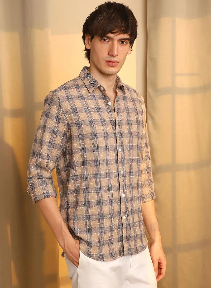 Campus Sutra Men's Saltbox Beige Heathered-Buffalo Check Shirt
