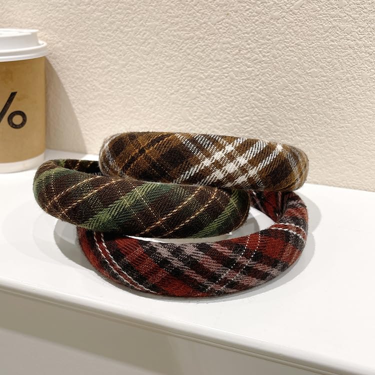 ZLSPTK 4Pcs Padded Headbands for Women Girls Cute Thick Plaid Hairbands Adult Set Green Navy Blue Brown Red Skincare Hair Hoop Wide Non Slip Soft Headwear Cloth Bulk Fashion Accessories Makeup Christmas Gift - Image 5
