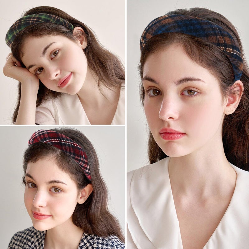 ZLSPTK 4Pcs Padded Headbands for Women Girls Cute Thick Plaid Hairbands Adult Set Green Navy Blue Brown Red Skincare Hair Hoop Wide Non Slip Soft Headwear Cloth Bulk Fashion Accessories Makeup Christmas Gift - Image 2
