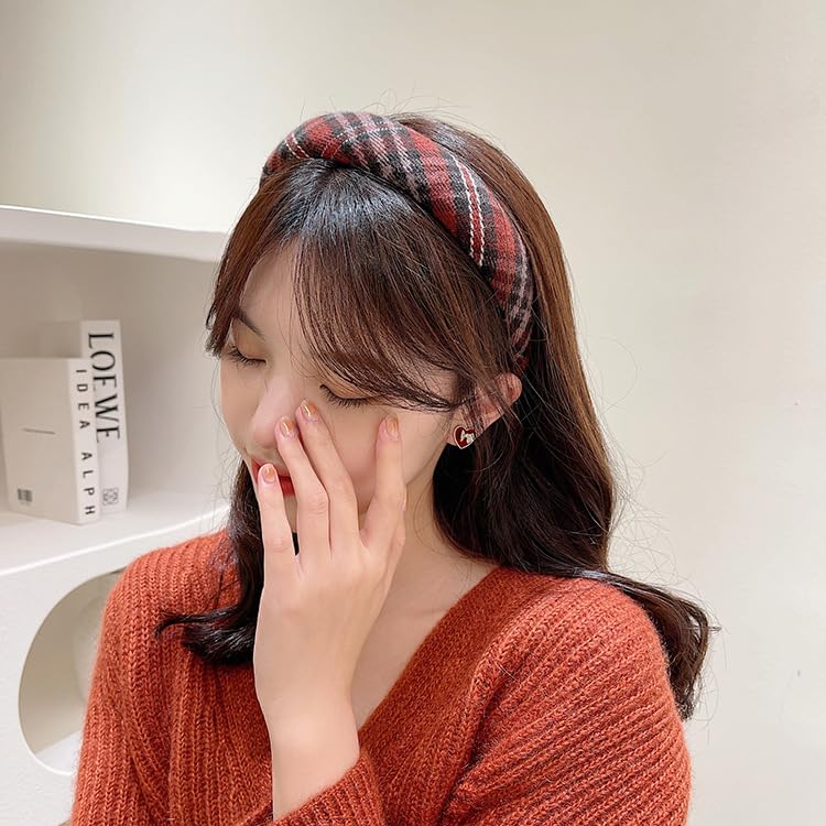 ZLSPTK 4Pcs Padded Headbands for Women Girls Cute Thick Plaid Hairbands Adult Set Green Navy Blue Brown Red Skincare Hair Hoop Wide Non Slip Soft Headwear Cloth Bulk Fashion Accessories Makeup Christmas Gift - Image 4