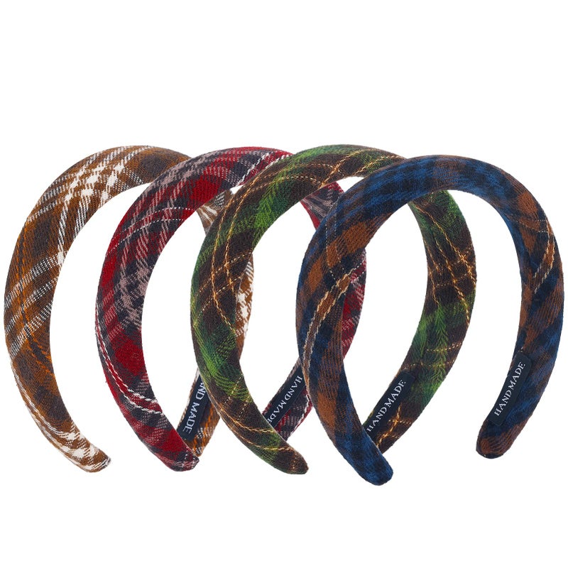ZLSPTK 4Pcs Padded Headbands for Women Girls Cute Thick Plaid Hairbands Adult Set Green Navy Blue Brown Red Skincare Hair Hoop Wide Non Slip Soft Headwear Cloth Bulk Fashion Accessories Makeup Christmas Gift - Image 1