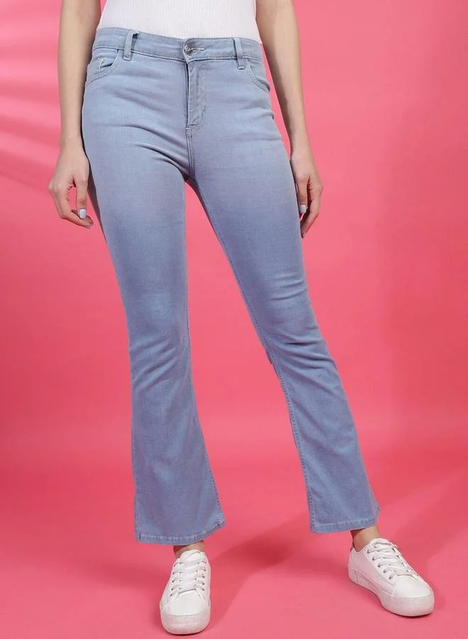 مرفوعة جينز نسائي أزرق بقصة Bootcut بلون سادة