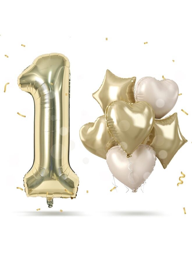 بالون رقم كبير بلون ذهبي شامبانيا، بالونات فويل مع هيليوم ذهبي فاتح، بالون على شكل قلب ونجمة بلون كريمي بيج مقاس 18 بوصة، بالون رقمي ذاتي النفخ مقاس 40 بوصة لتزيين حفلات أعياد الميلاد - Image 1