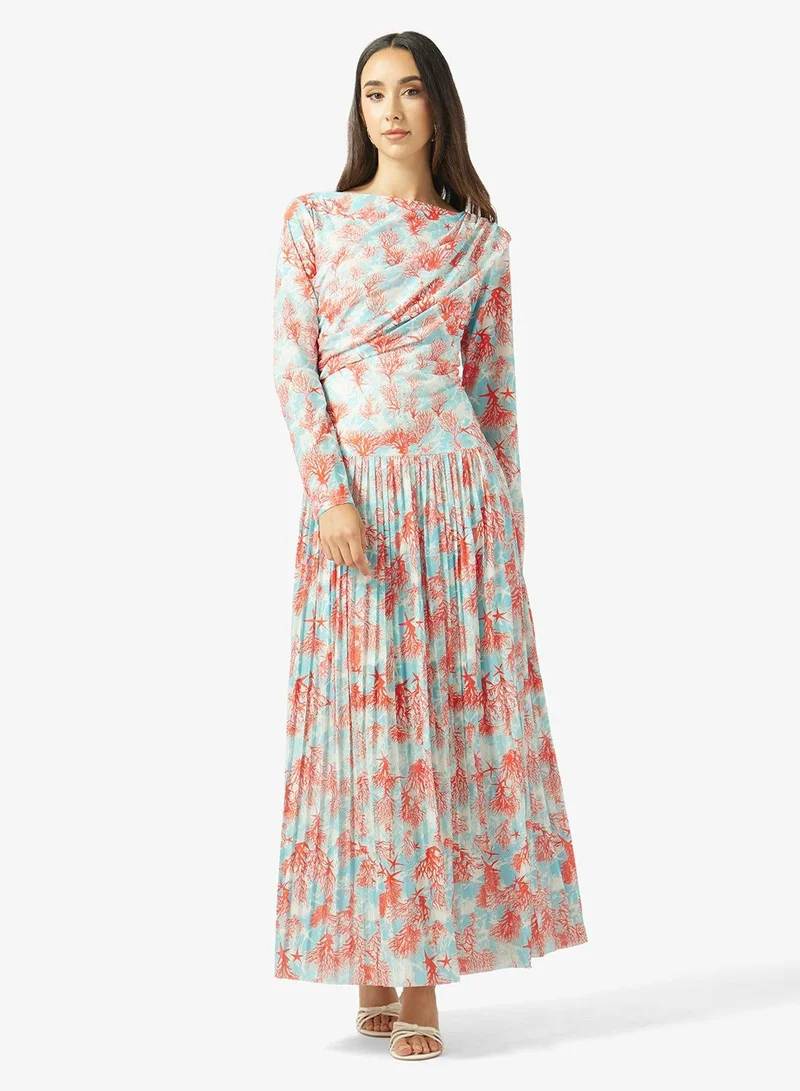 Ginger Draped Sea Coral Print Pleat Detail Dress