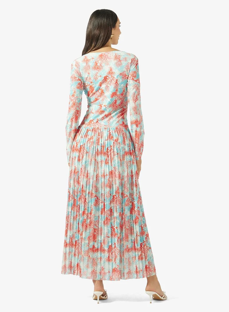 Ginger Draped Sea Coral Print Pleat Detail Dress