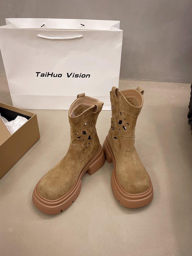 Retro Ethnic Style Trendy Hollow Embroidery Breathable Western Cowboy Boots British Style Casual Versatile - Image 1