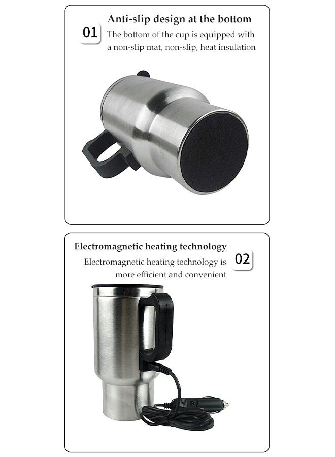 DUNISO كوب تسخين السيارة، كوب قهوة كهربائي من الفولاذ المقاوم للصدأ للسفر، كوب ترمس للسيارة، بطانة داخلية من الفولاذ المقاوم للصدأ، مزود بوسادات مضادة للانزلاق، مناسب لتسخين الحليب، الماء، القهوة، الشاي، 120 واط، 500 مل - Image 5