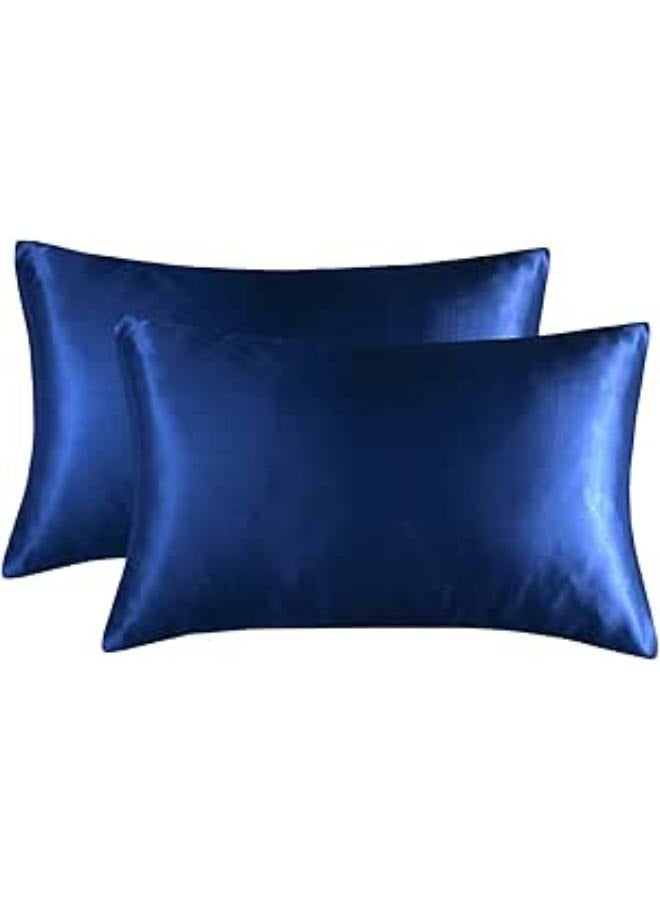 HONGCI Navy Blue Satin Pillow Cases 2 Pack 50 x 75cm Standard Size - Navy Blue Pillowcases 2 Pack, Ultra-Soft Smooth Polyester Microfiber Pillow Case for Hair and Skin, Envelope Closure  - Image 1