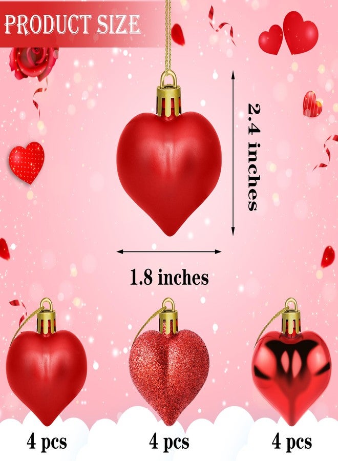 Yuronam 12 PCS Heart Ornaments 3 Different Finishes Heart Shaped Hanging Ornaments for Valentine’s Day Wedding Christmas Tree Mother's Day Anniversary Party Decoration (Red) - Image 2